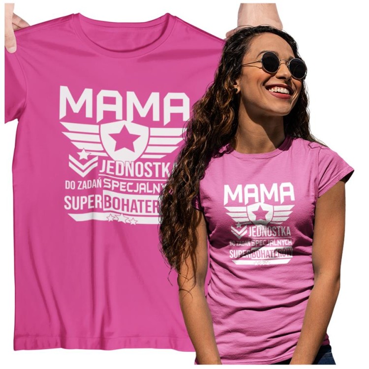 Koszulka dla Mamy na Dzień Mamy z nadrukiem Mama jednostka do zadań specjalnych super bohaterów kolor różowy3.jpg
