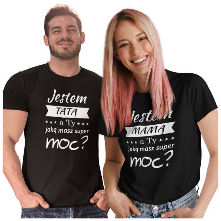 Zestaw koszulek dla rodziców na prezent koszulka dla mamy i taty Jestem MAMĄ a Ty jaką masz super moc Jestem TATĄ a Ty jaką masz super moc kolor czarny.jpg