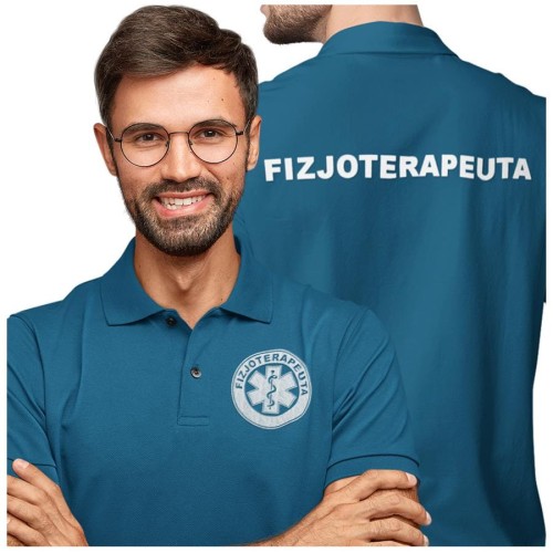 Koszulka polo męska medyczna dla fizjoterapeuty z logo i napisem fizjoterapeuta na plecach kolor petrol blue  (2).jpg