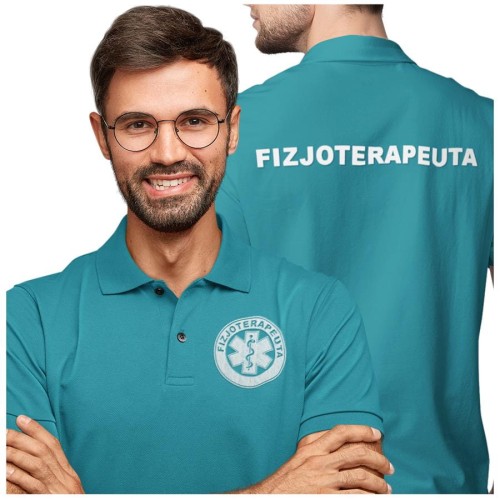 Koszulka polo męska medyczna dla fizjoterapeuty z logo i napisem fizjoterapeuta na plecach kolor turkus (3).jpg