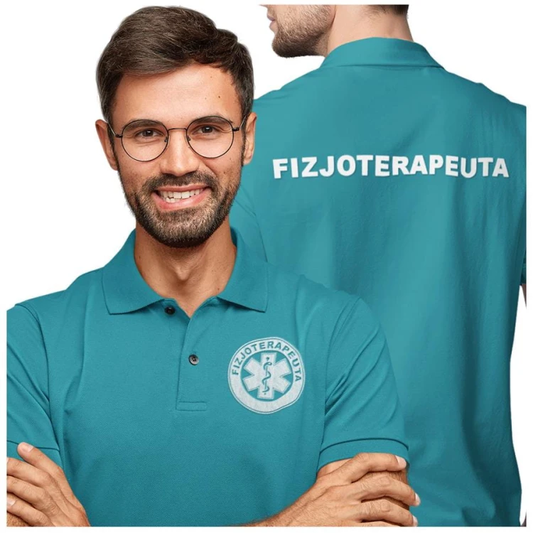 Koszulka polo męska medyczna dla fizjoterapeuty z logo i napisem fizjoterapeuta na plecach kolor turkus (3).jpg