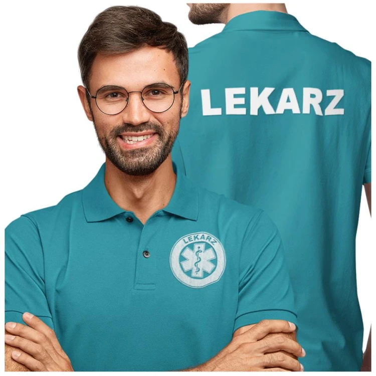 Koszulka polo męska medyczna dla lekarza z logo i napisem lekarz na plecach kolor turkus (3).jpg