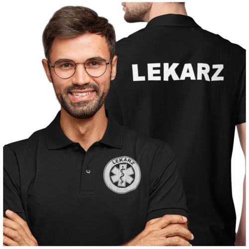 Koszulka polo męska medyczna dla lekarza z logo i napisem lekarz na plecach kolor czarny (2).jpg