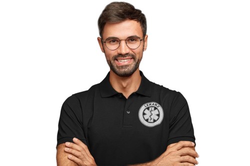 Koszulka polo męska medyczna dla lekarza z logo i napisem lekarz na plecach kolor czarny (3).jpg