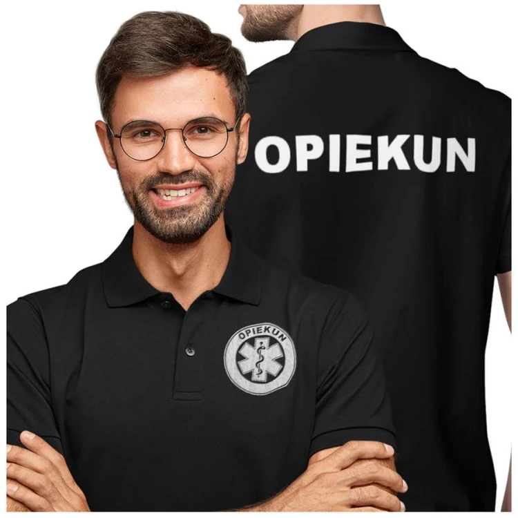 Koszulka polo męska medyczna dla opiekuna z logo i napisem opiekun na plecach kolor czarny  (3).jpg