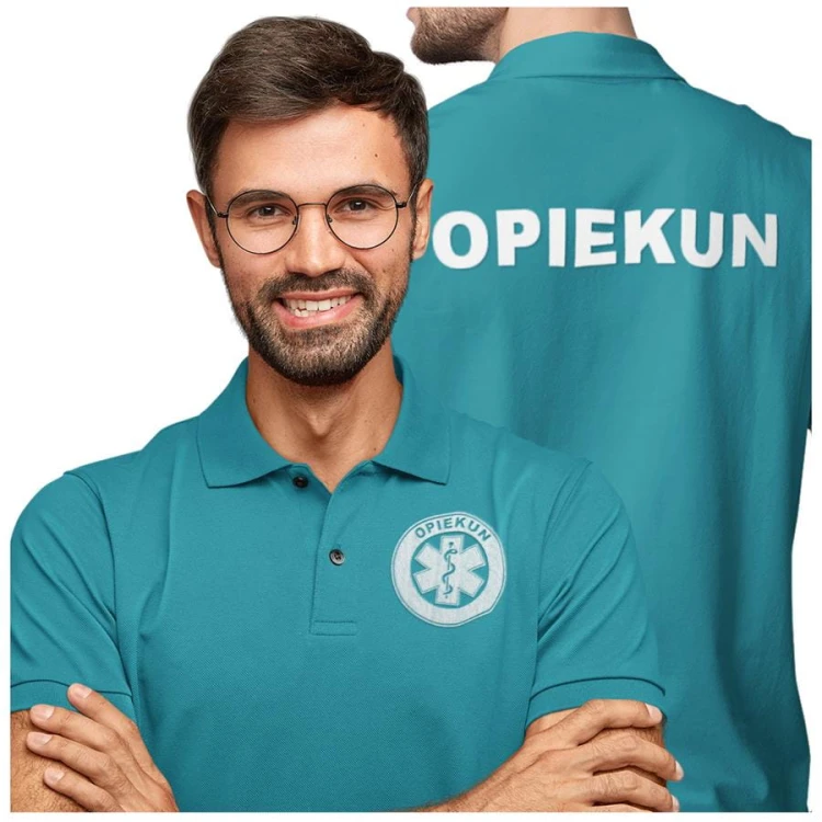 Koszulka polo męska medyczna dla opiekuna z logo i napisem opiekun na plecach kolor turkus (3).jpg