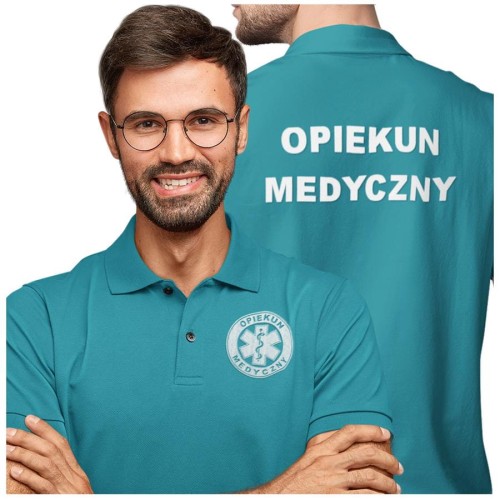 Koszulka polo męska medyczna dla opiekuna medycznego z logo i napisem opiekun medyczny na plecach kolor turkus (3).jpg