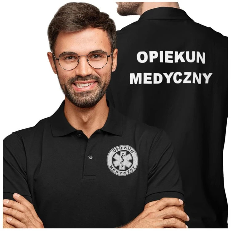 Koszulka polo męska medyczna dla opiekuna medycznego z logo i napisem opiekun medyczny na plecach kolor czarny (2).jpg