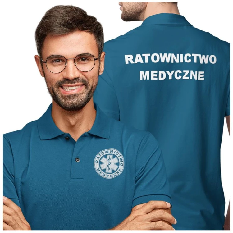 Koszulka polo męska medyczna dla ratownictwa medycznego z logo i napisem ratownictwo medyczne na plecach kolor petrol blue (2).jpg