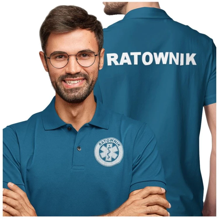 Koszulka polo męska medyczna dla ratownika z logo i napisem ratownik na plecach kolor petrol blue (3).jpg