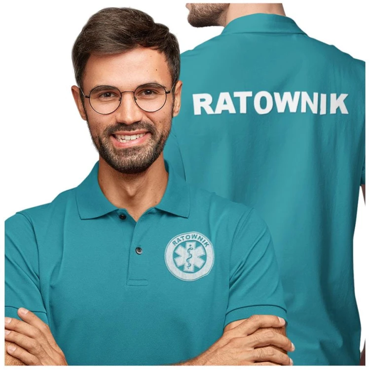 Koszulka polo męska medyczna dla ratownika z logo i napisem ratownik na plecach kolor trukus (2).jpg