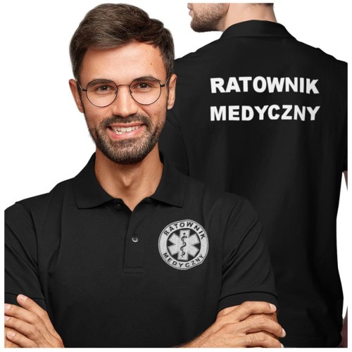 Koszulka polo męska medyczna dla ratownika medycznego z logo i napisem ratownik medyczny na plecach kolor czarny  (3).jpg