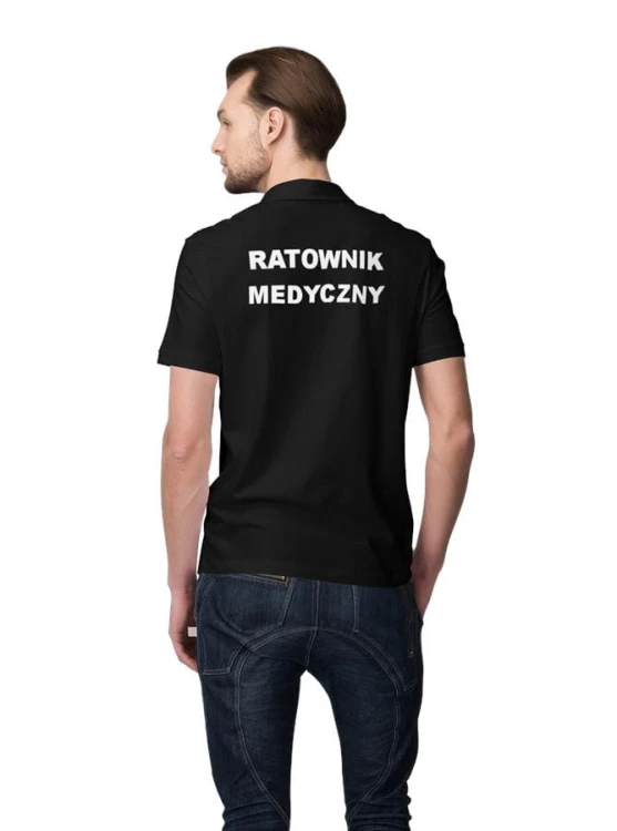 Koszulka polo męska medyczna dla ratownika medycznego z logo i napisem ratownik medyczny na plecach kolor czarny  (1).jpg