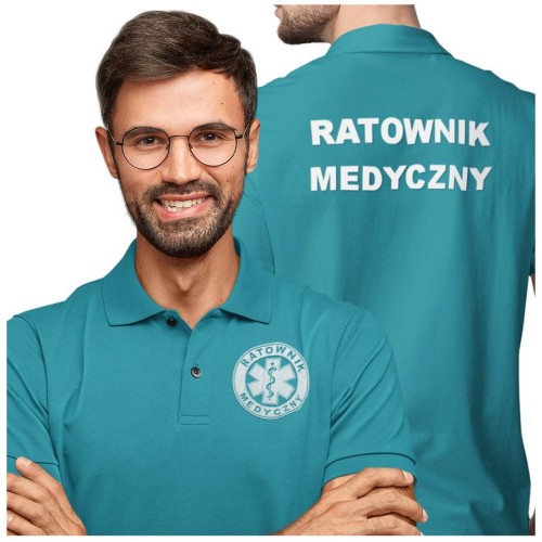 Koszulka polo męska medyczna dla ratownika medycznego z logo i napisem ratownik medyczny na plecach kolor turkus (2).jpg