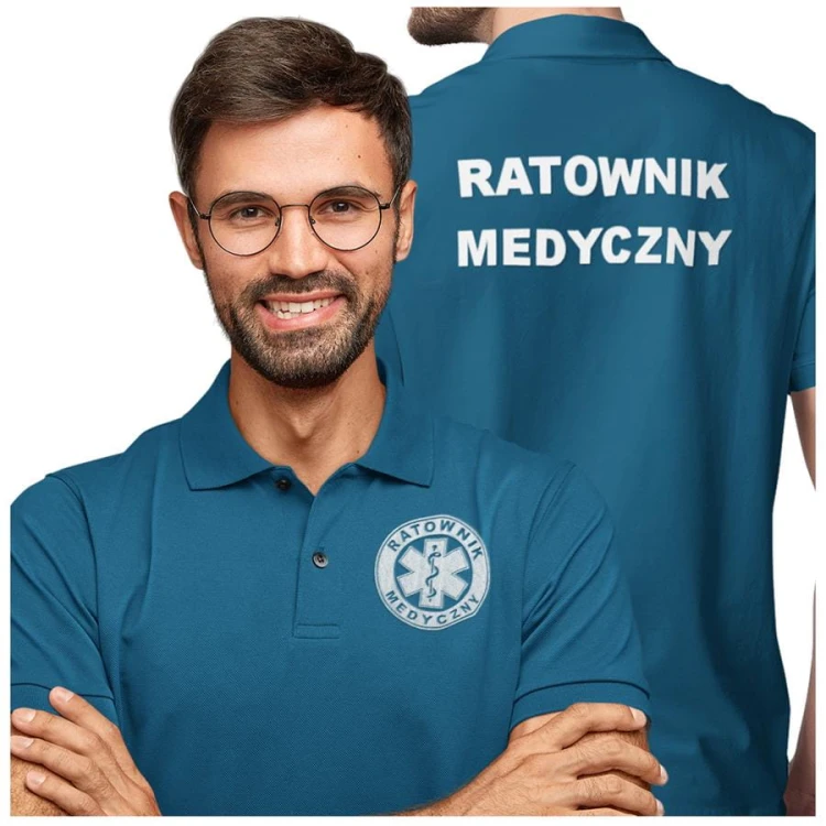 Koszulka polo męska medyczna dla ratownika medycznego z logo i napisem ratownik medyczny na plecach kolor petrol blue (2).jpg