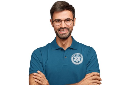 Koszulka polo męska medyczna dla sanitariusza z logo i napisem sanitariusz na plecach kolor petrol blue (4).jpg