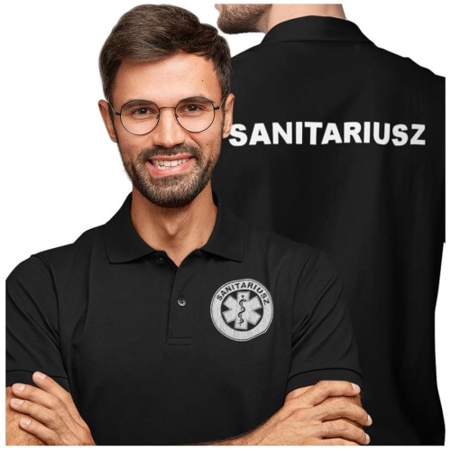 Koszulka polo męska medyczna dla sanitariusza z logo i napisem sanitariusz na plecach kolor czarny  (2).jpg
