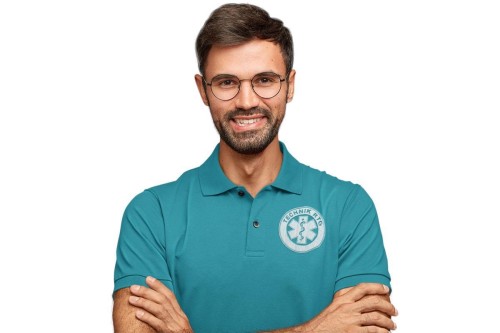 Koszulka polo męska medyczna dla Technika RTG z logo i napisem TECHNIK RTG na plecach kolor turkus  (1).jpg