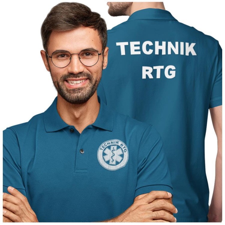 Koszulka polo męska medyczna dla Technika RTG z logo i napisem TECHNIK RTG na plecach kolor petrol blue  (2).jpg