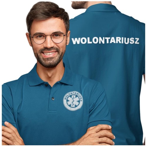 Koszulka polo męska medyczna dla wolontariusza z logo i napisem wolontariusz na plecach kolor petrol blue  (2).jpg
