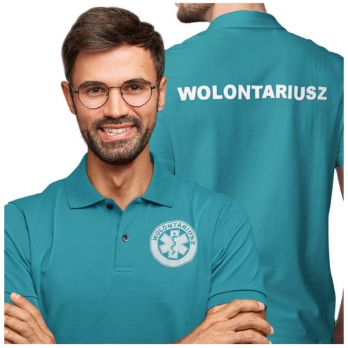 Koszulka polo męska medyczna dla wolontariusza z logo i napisem wolontariusz na plecach kolor turkus (2).jpg