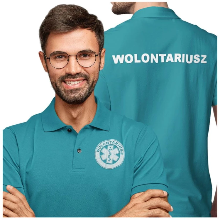 Koszulka polo męska medyczna dla wolontariusza z logo i napisem wolontariusz na plecach kolor turkus (2).jpg