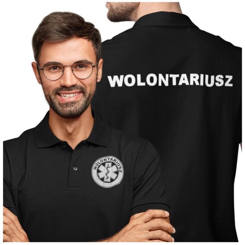Koszulka polo męska medyczna dla wolontariusza z logo i napisem wolontariusz na plecach kolor czarny  (1).jpg