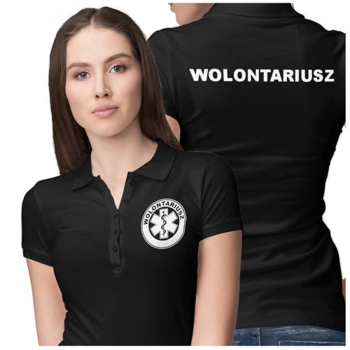 Koszulka polo damska medyczna dla wolontariusza z logo i napisem wolontariusz na plecach kolor czarny (2).jpg