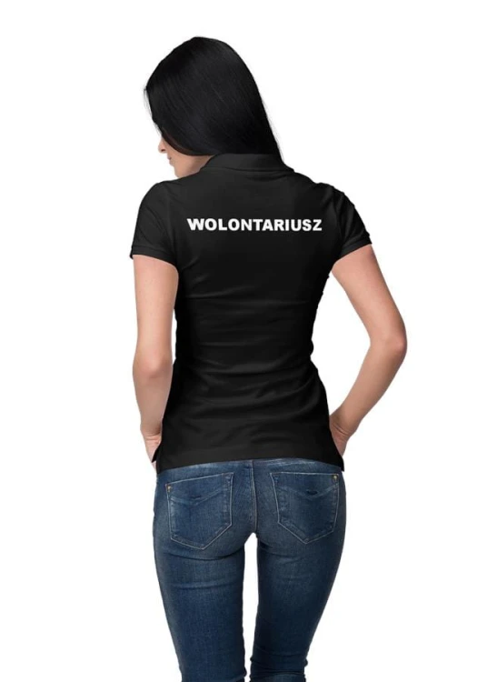 Koszulka polo damska medyczna dla wolontariusza z logo i napisem wolontariusz na plecach kolor czarny (3).jpg