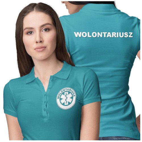 Koszulka polo damska medyczna dla wolontariusza z logo i napisem wolontariusz na plecach kolor turkus  (3).jpg