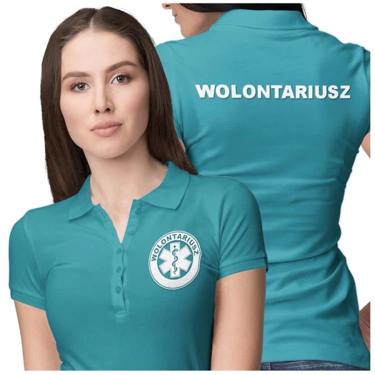 Koszulka polo damska medyczna dla wolontariusza z logo i napisem wolontariusz na plecach kolor turkus  (3).jpg