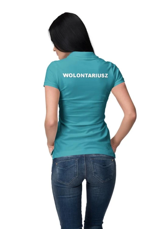 Koszulka polo damska medyczna dla wolontariusza z logo i napisem wolontariusz na plecach kolor turkus  (1).jpg
