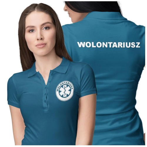 Koszulka polo damska medyczna dla wolontariusza z logo i napisem wolontariusz na plecach kolor petrol blue  (3).jpg