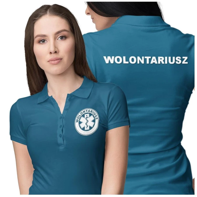 Koszulka polo damska medyczna dla wolontariusza z logo i napisem wolontariusz na plecach kolor petrol blue  (3).jpg