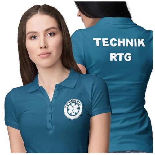 Koszulka polo damska medyczna dla Technika RTG z logo i napisem TECHNIK RTG na plecach kolor petrol blue (3).jpg