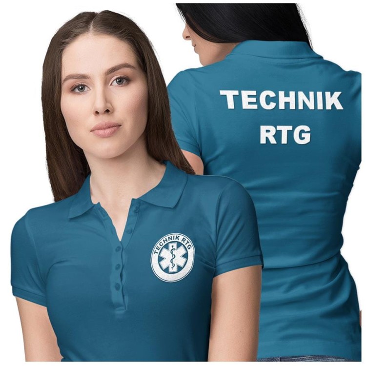 Koszulka polo damska medyczna dla Technika RTG z logo i napisem TECHNIK RTG na plecach kolor petrol blue (3).jpg