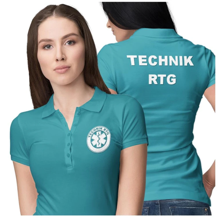 Koszulka polo damska medyczna dla Technika RTG z logo i napisem TECHNIK RTG na plecach kolor turkus (3).jpg