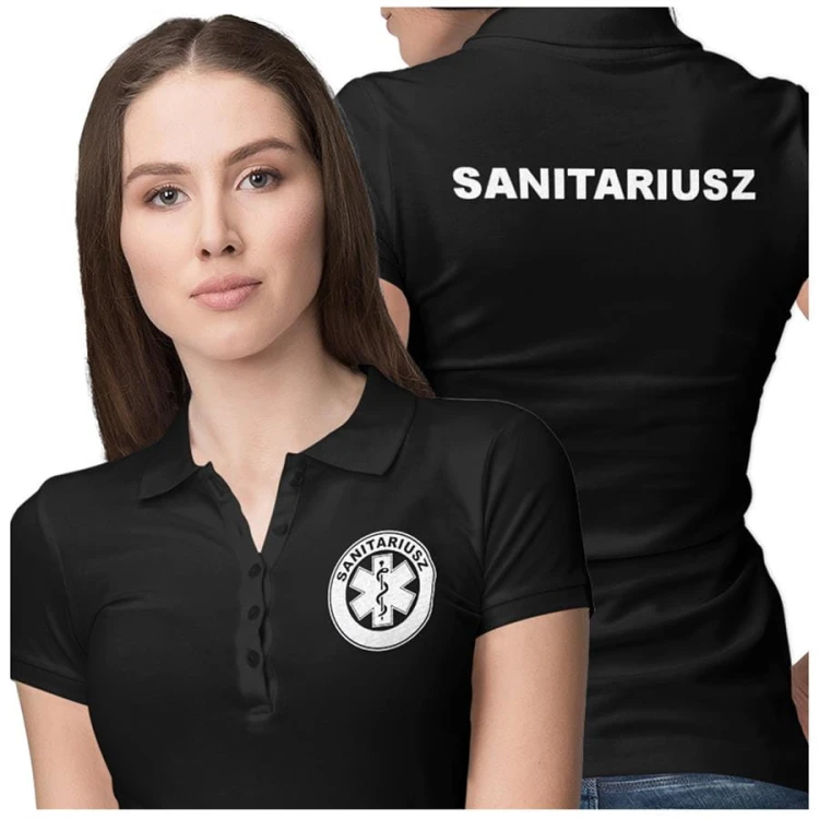 Koszulka polo damska medyczna dla sanitariusza z logo i napisem sanitariusz na plecach kolor czarny (3).jpg