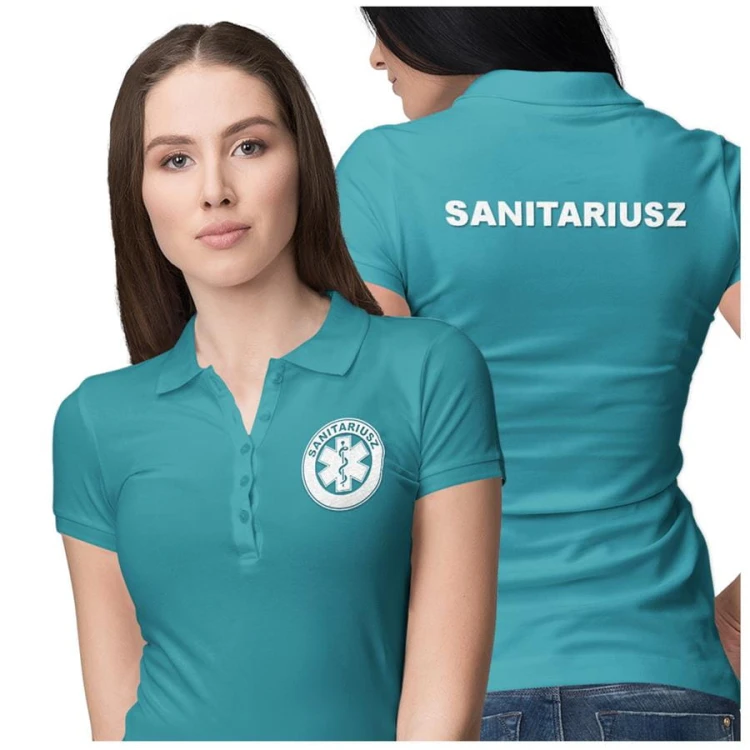 Koszulka polo damska medyczna dla sanitariusza z logo i napisem sanitariusz na plecach kolor turkusowy  (1).jpg