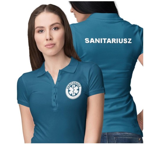 Koszulka polo damska medyczna dla sanitariusza z logo i napisem sanitariusz na plecach kolor petrol blue (3).jpg