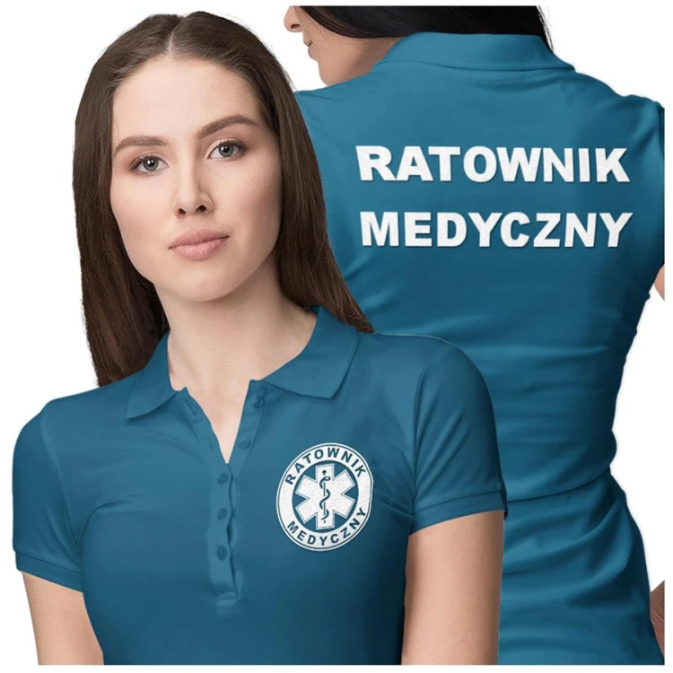 Koszulka polo damska medyczna dla ratownika medycznego z logo i napisem ratownik medyczny na plecach kolor petrol blue (3).jpg