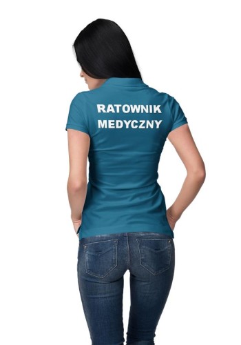 Koszulka polo damska medyczna dla ratownika medycznego z logo i napisem ratownik medyczny na plecach kolor petrol blue (1).jpg