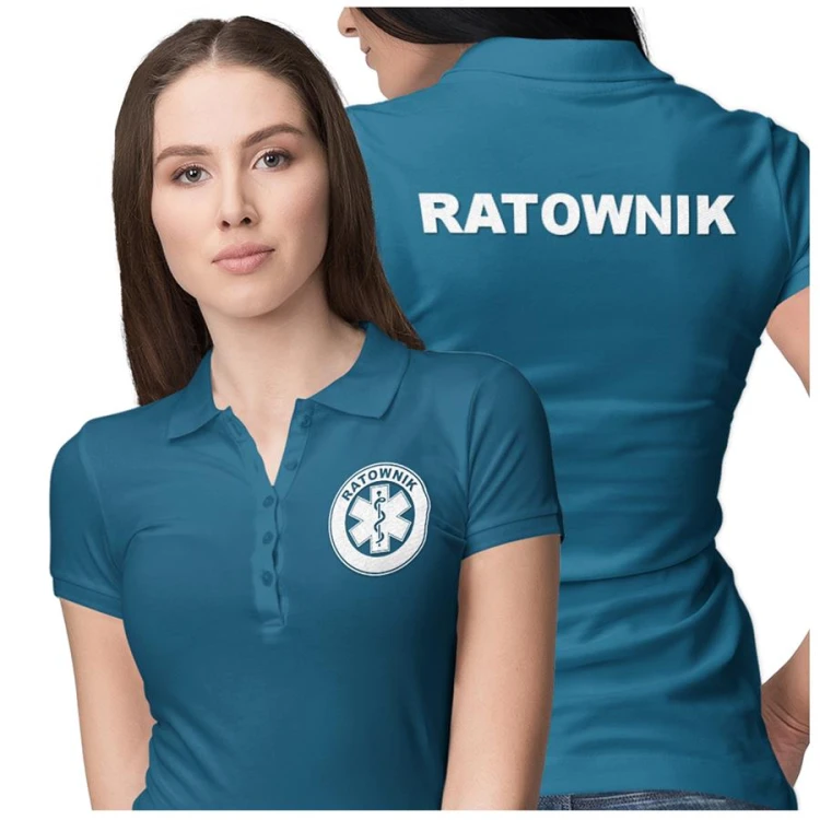 Koszulka polo damska medyczna dla ratownika z logo i napisem ratownik na plecach kolor petrol blue (3).jpg