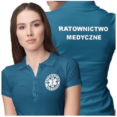Koszulka polo damska medyczna dla ratownictwa medycznego z logo i napisem ratownictwo medyczne na plecach kolor petrol blue (3).jpg