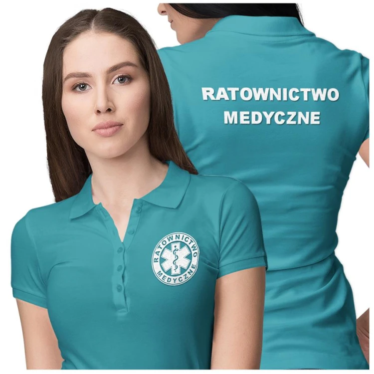 Koszulka polo damska medyczna dla ratownictwa medycznego z logo i napisem ratownictwo medyczne na plecach kolor turkus (3).jpg