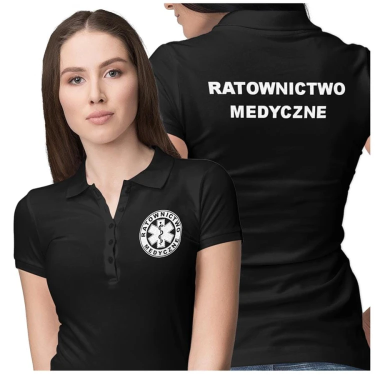 Koszulka polo damska medyczna dla ratownictwa medycznego z logo i napisem ratownictwo medyczne na plecach kolor czarny (1).jpg