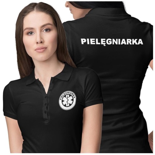 Koszulka polo damska medyczna dla pielęgniarki z logo i napisem pielęgniarka na plecach kolor czarny (2).jpg