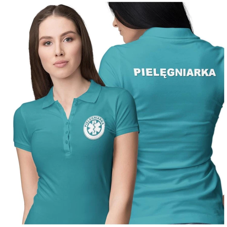 Koszulka polo damska medyczna dla pielęgniarki z logo i napisem pielęgniarka na plecach kolor turkus (8).jpg