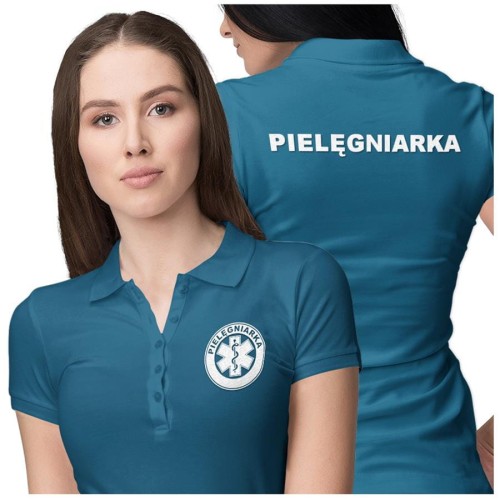 Koszulka polo damska medyczna dla pielęgniarki z logo i napisem pielęgniarka na plecach kolor petrol blue (3).jpg