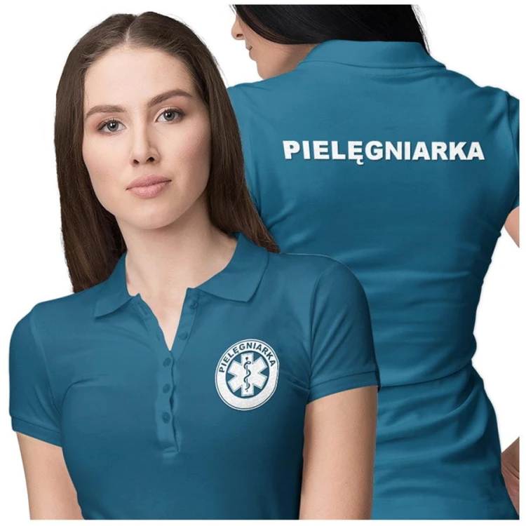 Koszulka polo damska medyczna dla pielęgniarki z logo i napisem pielęgniarka na plecach kolor petrol blue (3).jpg